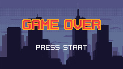 Obraz premium Game Over screen - pixel art with night city landscape background. Dark cityscape banner with Press Start phrase. Retro video arcade game design concept.
