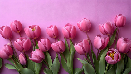 Obraz premium Pink tulips with green leaves on matching color background, arranged in row