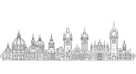 Obraz premium Linear illustration of a cityscape, featuring various architectural styles and iconic buildings.
