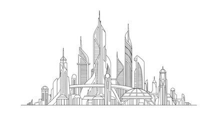 Fototapeta premium Futuristic city skyline, minimalist line art.