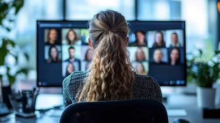 back view of a woman sitting at office working desk online VDO conference steaming with other co-worker	