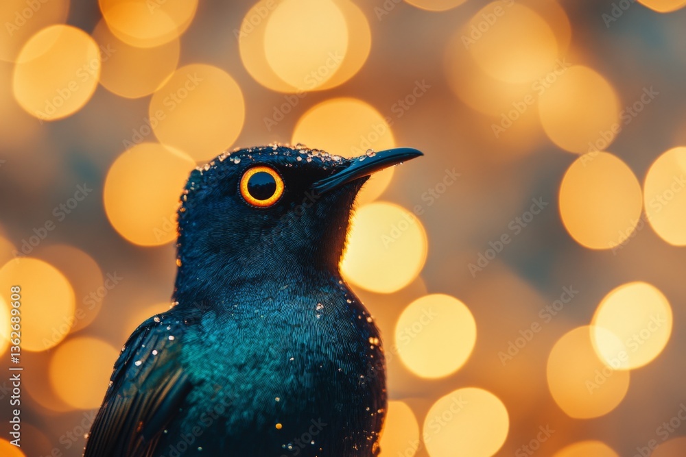 Aufkleber colorful bird with droplets perched against a warm bokeh background in a serene natural setting