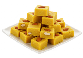 A square plate with stacked cubes of golden yellow besan barfi each piece topped with a roasted almond isolated on transparent background
