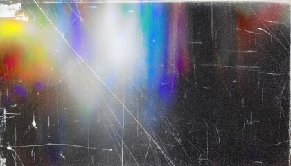 scratched vintage glass texture with iridescent rainbow light refraction, abstract grunge overlay for digital art and design

