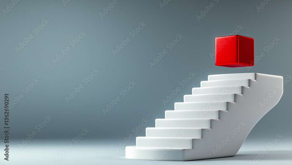 Poster minimalistic staircase leads to floating red cube, creating striking contrast against soft gray back