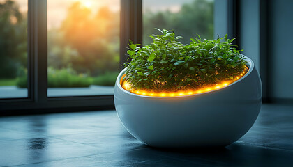 Plant growth device White, spherical pot with glowing orange lights growing greens indoors near a window