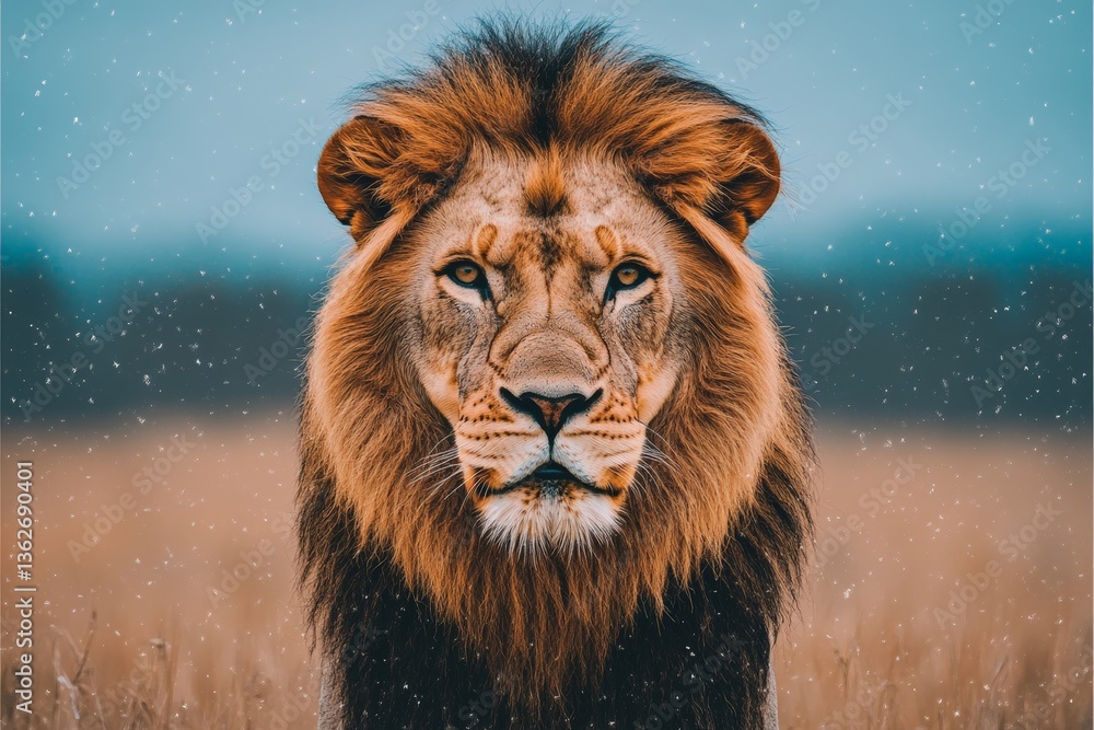 Poster majestic lion standing proudly in a snowy landscape at dusk with a calm expression and mesmerizing e