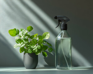 Plant in pot, spray bottle beside it, with sunlight shadows on a wall