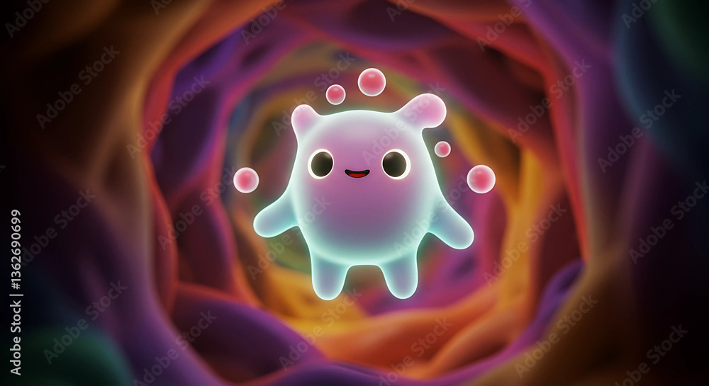 Poster cartoon microbe with bubbles in colorful tunnel view