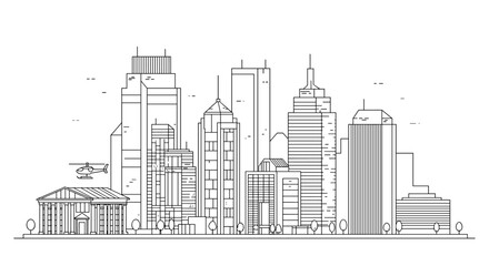 Fototapeta premium Modern city skyline illustration with helicopter. White background 