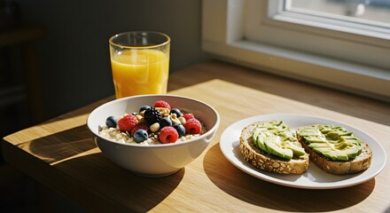 Realistic photo of a healthy breakfast in the sun with fruits, avocado, protein, and orange juice