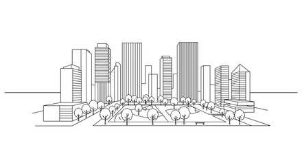 Cityscape Line Art: Modern Buildings and Park White background    