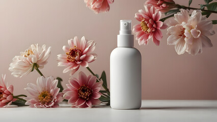 White matte spray bottle for cosmetic products on a light background with delicate pink flowers around