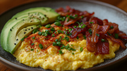 Plate of scrambled eggs with avocado and bacon bits