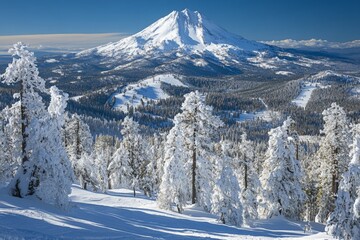 Obraz premium Snow-covered peaks under clear blue sky showcasing majestic mountaineering landscape in winter