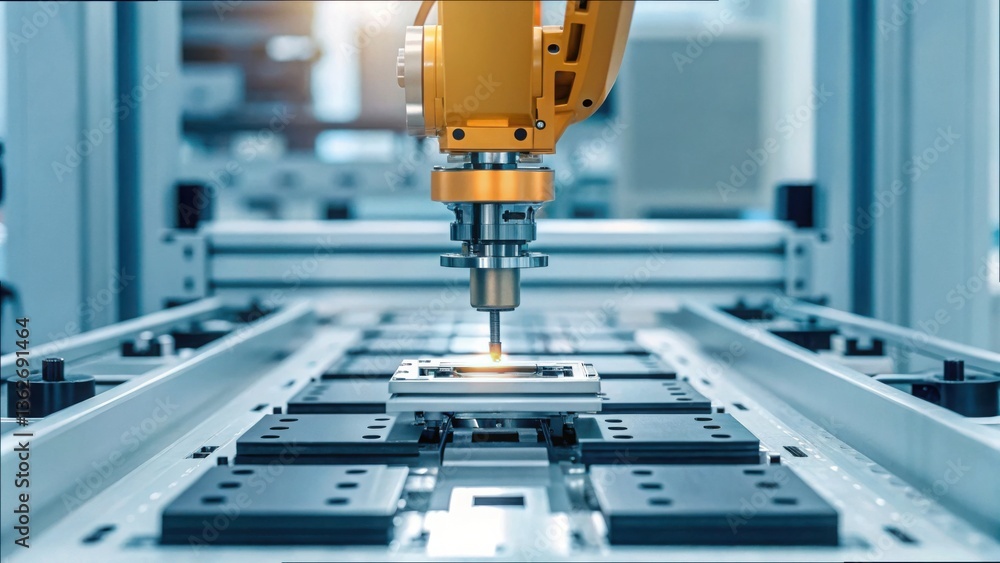 Poster robotic arm assembling electronic components in a modern factory