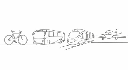 Line art illustration of various modes of transportation. White background    