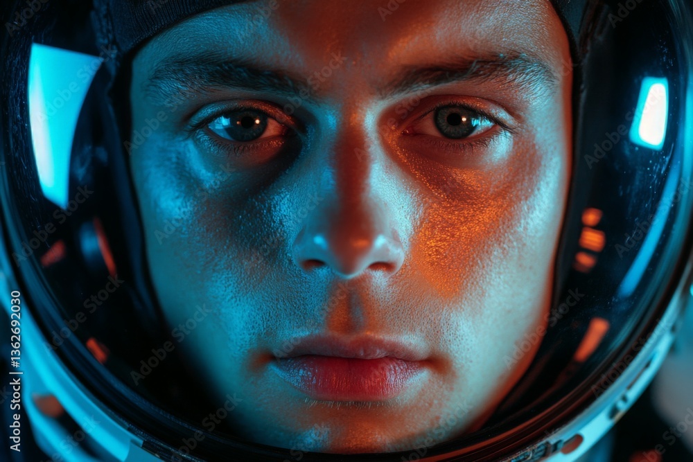 Poster portrait of an astronaut with a colorful helmet glow, showcasing intense focus and determination in 