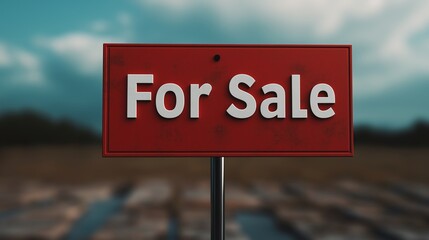 Obraz premium A vibrant red 'For Sale' sign stands prominently in an open field, highlighting real estate opportunities. The backdrop features a cloudy sky and an expansive landscape.