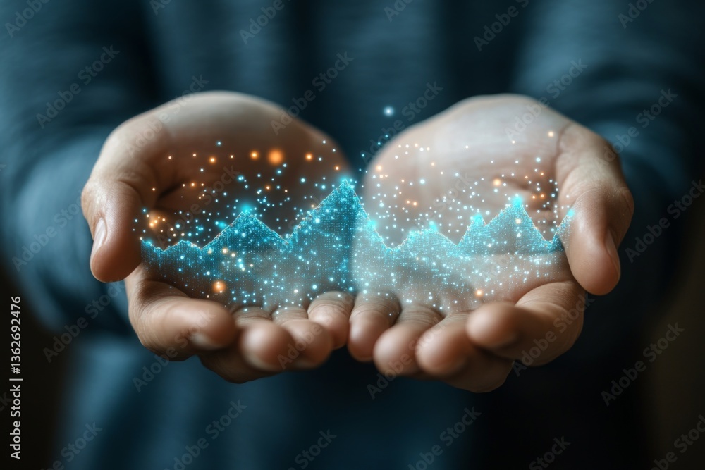 Aufkleber Hands holding glowing data visualization representing financial growth and market analysis in a digital space