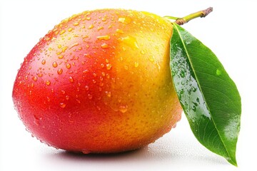 Juicy ripe mango with droplets on surface and green leaf on a plain white background