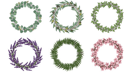 Six charming wreaths in various floral styles. Perfect for invitations, cards, and more! White background    