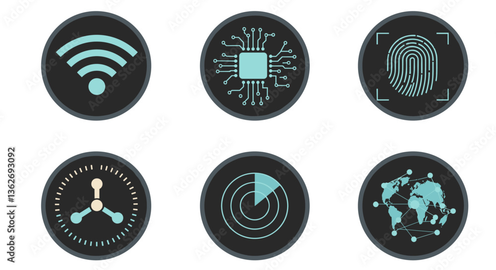 Poster abstract tech icons on dark background. white background