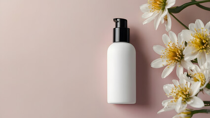 White matte bottle for cosmetic products with a black dispenser on a soft pink background on the right side large white chamomile flowers