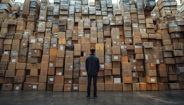Person facing a huge wall of stacked cardboard boxes inside warehouse