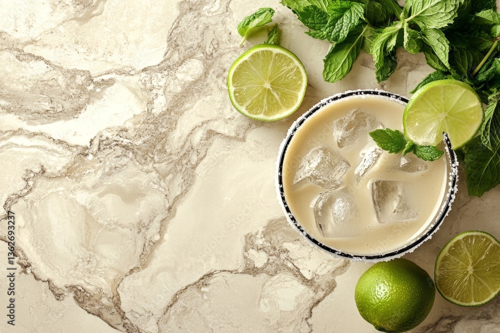 Poster refreshing mint lime drink with ice and garnishes on marble countertop
