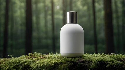 A white matte bottle for cosmetic products stands on a moss-covered field outside against the backdrop of a dark forest