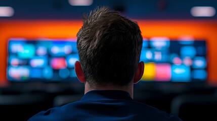 Man Watching Streaming Service, Rear view of a man watching a streaming service on a large screen.