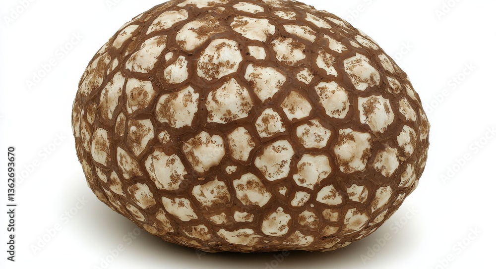 Poster detailed macro of round brown truffle surface with white marbled pattern isolated on soft blurred ba
