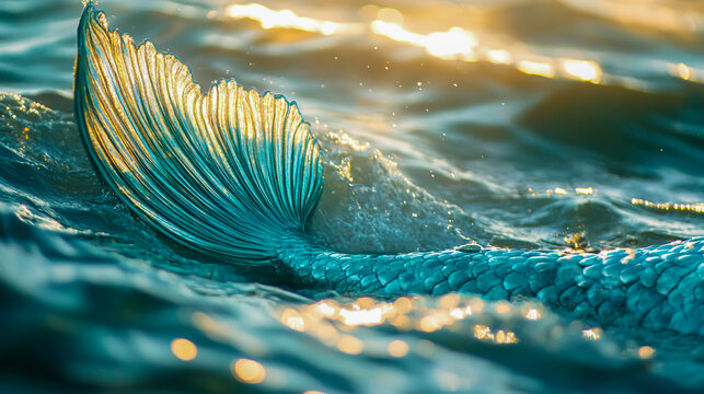 A stunning close-up of a shimmering mermaid tail gracefully emerging from the calm ocean waters, glistening under the sunlight