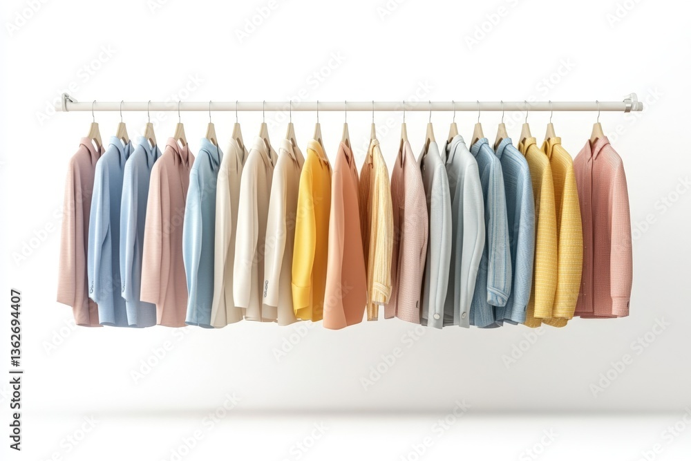 Poster colorful collection of shirts hanging on a rack in a minimalist setting showcasing a variety of styl