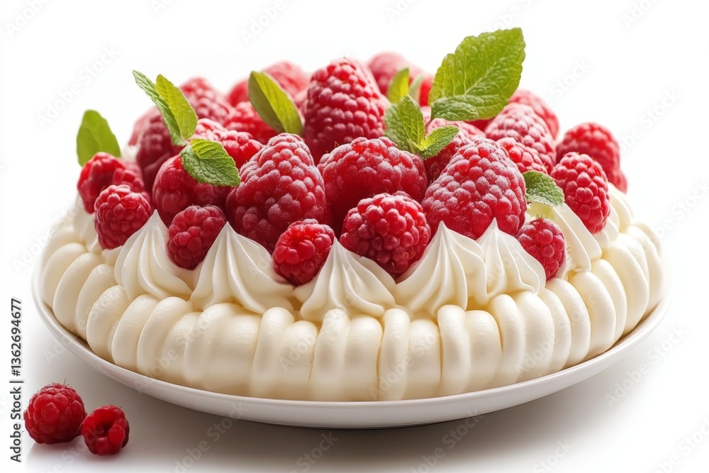 Poster decadent raspberry dessert topped with fresh mint served on a white plate