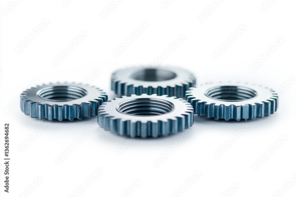 Poster close-up view of metal nuts arranged in a neat pile on a white background