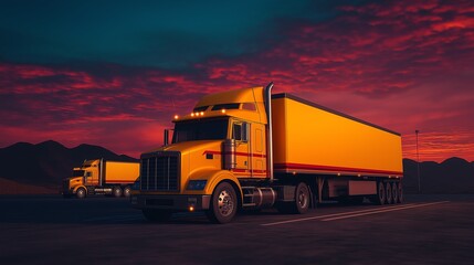 A vibrant sunset backdrop highlights two yellow trucks parked on an open road, symbolizing the vastness of transportation and logistics in today's landscape.