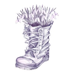 An old garden boot filled with snowdrop flowers, symbolizing spring, Easter-themed composition, Monochrome blue illustration on a white background, capturing a nostalgic and delicate seasonal mood