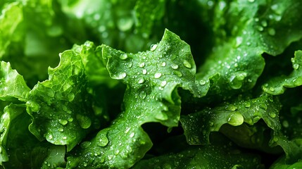 Refreshing Close-up of Water Droplets on Fresh Green Lettuce Leaves