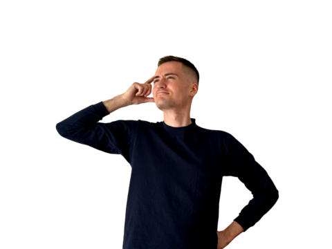Man thinking and looking up with his finger on his temple