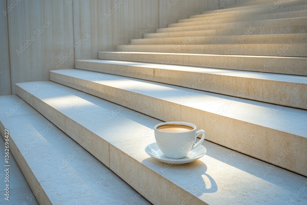 Poster coffee cup rests on illuminated staircase during morning light in modern architectural setting