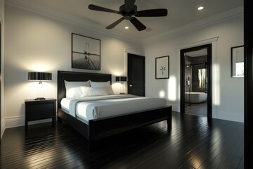 Modern bedroom with black accents, hardwood floors, and ensuite bathroom.
