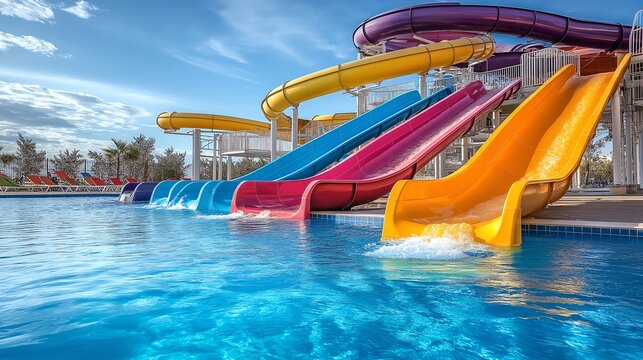 A vibrant water park featuring colorful water slides against a clear blue sky. Perfect for summer fun, families, and excitement in the sun with thrilling aquatic adventures.