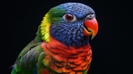 Naklejka premium Close-up of a colorful lorikeet, showcasing vibrant green, blue, red, and yellow feathers against a black background. The image highlights the bird's intricate plumage and detailed texture.
