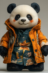 Plush panda in an orange coat and patterned shirt stands against a plain background
