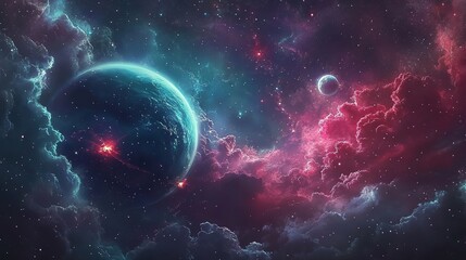 Obraz premium abstract background, deep space scenery with planet and gas glowing neon light 