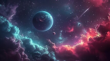 abstract background, deep space scenery with planet and gas glowing neon light 