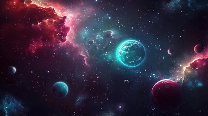 Obraz premium abstract background, deep space scenery with planet and gas glowing neon light 