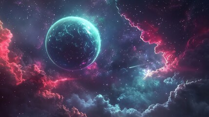 Obraz premium abstract background, deep space scenery with planet and gas glowing neon light 